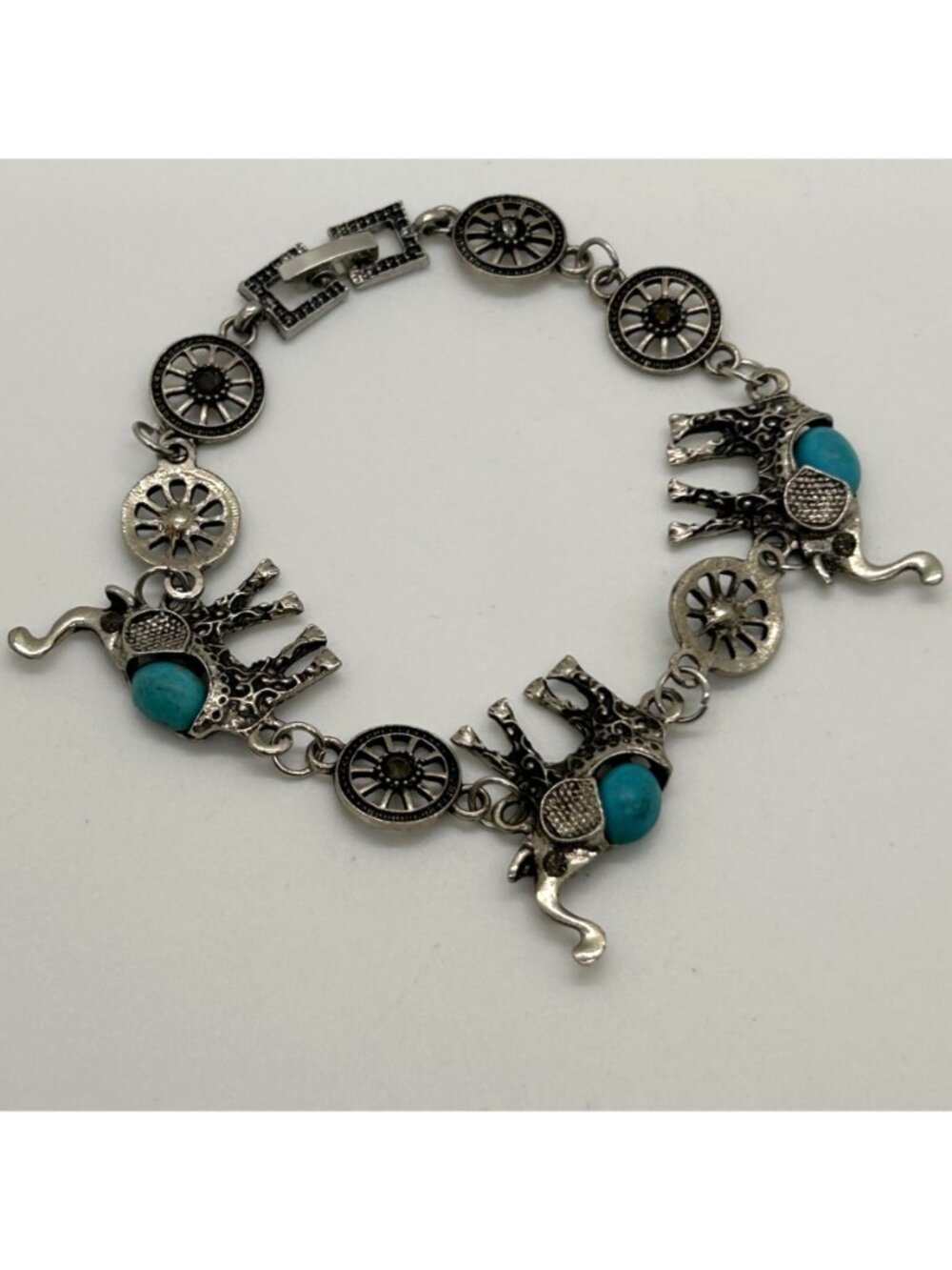 Boho Elephant Link Bracelet Silver Tone Turquoise Color Stone Bohemian Good Luck - Picture 11 of 12